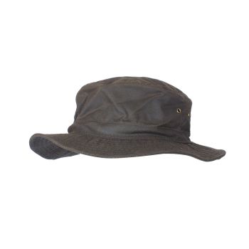 Preview: Vorderansicht des Outdoor Huts „Tourist“ von Relags, weitestgehend wasserfester Oilskin-Hut mit ca. 50 mm breiter Krempe ohne Kinnriemen auf weißem neutralem Hintergrund, deutlich erkennbare Form und Materialstruktur für eine sichere Produktidentifikation